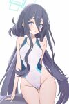  1girl absurdly_long_hair absurdres aqua_halo aris_(blue_archive) aris_(c108_swimsuit)_(blue_archive) ass_visible_through_thighs black_hair blue_archive blue_eyes blush commentary_request double_bun hair_between_eyes hair_bun halo highleg highleg_one-piece_swimsuit highres long_hair looking_at_viewer low_twintails official_alternate_hairstyle one-piece_swimsuit open_mouth partial_commentary sainarohh solo swimsuit twintails very_long_hair white_one-piece_swimsuit 