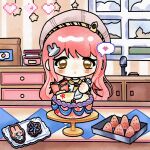  1girl 24-hour_relay :o animal-themed_food arm_warmers ascot blue_sky book brown_eyes buttons cake chef_hat chibi chinese_commentary cloud commentary_request cookbook cookie day decorating_baked_goods drawer flat_top_chef_hat flour food hair_ornament hat heart highres hill holding holding_book holding_pasteur_pipette indoors infinity_nikki jacket jar kitchen light_blush long_hair long_sleeves looking_at_viewer mengchen_ruyueseli nikki_(nikki) nikki_(series) open_book pink_hair rabbit rabbit_hair_ornament sink sky snowflakes solo speech_bubble spoken_heart star_(symbol) straight-on sweet_traces_(infinity_nikki) tareme tray very_long_hair wavy_hair white_hat white_jacket yellow_arm_warmers yellow_ascot 