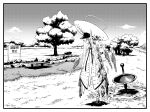  1girl blue_archive border breasts cloud commentary_request dirty dirty_clothes dithering fin_funnels floating floating_object floating_weapon greyscale hair_over_one_eye halo imijikumo36 large_hat long_hair malkuth_(blue_archive) meme monochrome mud outdoors playground sad sky sleeves_past_fingers sleeves_past_wrists small_breasts solo symbol-shaped_pupils toy tree white_border x-shaped_pupils 