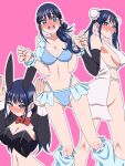  1girl animal_ears ass ass_visible_through_thighs blue_eyes blue_hair blush bow bowtie breasts bun_cover cleavage clenched_hands clenched_teeth collarbone commentary double_bun dress embarrassed fake_animal_ears fushida_rana hair_bun hands_up highres kimi_no_koto_ga_dai_dai_dai_dai_daisuki_na_100-nin_no_kanojo long_hair long_sleeves looking_at_viewer medium_breasts mole mole_under_eye multiple_views navel nontraditional_playboy_bunny nose_blush outline pink_background rabbit_ears rabbit_pose red_bow red_bowtie romaji_commentary round_teeth shrug_(clothing) side_slit simple_background stomach taiki0024 teeth upper_teeth_only white_outline wrist_cuffs 