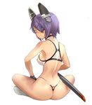  ass bikini blush breasts eyepatch ez6 g-string gloves headgear indian_style kantai_collection large_breasts looking_back o-ring o-ring_bottom panties purple_hair short_hair simple_background sitting solo swimsuit sword tenryuu_(kantai_collection) thong thong_bikini underwear weapon yellow_eyes 