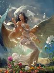  armlet bare_shoulders barefoot black_hair blowing bracelet breasts cloud copyright_name crowgod dandelion dress feathered_wings flower head_wings head_wreath highres hips jewelry legend_of_the_cryptids long_hair medium_breasts mountain necklace petals solo white_dress wings 