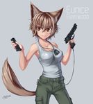  animal_ears beretta_90two brown_hair collarbone dog_tags dreadtie eunice_fleetwood fang gun handgun highres original pants pistol short_hair solo standing tail tan tank_top weapon 