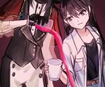  2girls absurdres bang_dream! bang_dream!_it's_mygo!!!!! belt black_gloves black_hair black_vest brown_belt capelet closed_mouth collarbone commentary_request gloves hair_between_eyes highres jacket killkiss_(bang_dream!) mole mole_under_eye multiple_girls open_clothes open_jacket pouring purple_background purple_eyes red_capelet seine_(hanamukes) shiina_taki shirt spilling timoris_(bang_dream!) vest white_jacket white_shirt yahata_umiri 