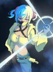  1girl bandeau black_hair blonde_hair blue_eyes blue_hair breasts canari_(pokemon) cleavage commentary highres holding holding_poke_ball jacket long_sleeves looking_at_viewer mask matsuokalive10 medium_breasts mouth_mask multicolored_hair poke_ball pokemon pokemon_legends:_z-a short_hair solo yellow_bandeau yellow_jacket 