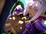  1boy 1girl ahegao andou_tomoya armor blush breast_suppress breasts breasts_squeezed_together censored covered_nipples dappled_sunlight dark-skinned_female dark_elf dark_skin day dutch_angle elf game_asset gloves gold_trim hair_intakes hair_ribbon hetero himekishi_olivia interracial large_breasts long_hair looking_up mosaic_censoring nipples non-web_source official_art open_mouth outdoors paizuri paizuri_under_clothes pauldrons penis pink_hair pointy_ears ponytail purple_hair red_eyes ribbon rolling_eyes see-through_clothes self-datamine shoulder_armor solo_focus sunlight teresa_keltula tongue tongue_out tree variant_set visual_novel_cg 
