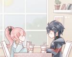  1boy 1girl adapted_costume aeon_(shining_nikki) black_bow black_eyes black_shirt blue_coat blue_hair blue_jacket blue_sky blush_stickers book bow cellphone chair chibi chinese_commentary coat collared_coat commentary_request couple cross_pin cup dating day disposable_cup drink drinking_straw elbow_on_table expressionless eye_contact from_side hair_bow hair_tie hetero high_ponytail holding holding_drink holding_phone hood hood_down hooded_jacket indoors interruption_(echo-023) jacket lapels long_hair looking_at_another messy_hair nikki_(nikki) nikki_(series) no_mouth notched_lapels on_chair open_clothes open_coat painting_(object) phone pink_hair plant pointy_nose ponytail potted_plant shelf shining_nikki shirt short_hair sitting sky smartphone solid_oval_eyes sun sweater taking_picture tree turtleneck turtleneck_shirt turtleneck_sweater window yellow_sweater 