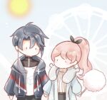  1boy 1girl adapted_costume aeon_(shining_nikki) amusement_park black_bow black_eyes black_pants black_shirt black_skirt blue_coat blue_hair blue_jacket blue_scarf blue_sky blush_stickers bow chibi chinese_commentary coat commentary_request cotton_candy cube day earbuds earphones ferris_wheel food hair_between_eyes hair_bow hetero high_ponytail holding holding_cotton_candy holding_food holding_hands hood hood_down hooded_jacket interruption_(echo-023) jacket layered_shirt light_particles listening_to_music long_hair long_sleeves looking_at_another messy_hair nikki_(nikki) nikki_(series) open_clothes open_coat open_jacket outdoors pants pink_hair ponytail print_coat print_shirt puffy_long_sleeves puffy_sleeves scarf shining_nikki shirt short_hair skirt sky solid_oval_eyes star_(symbol) star_print sun sweater turtleneck turtleneck_shirt turtleneck_sweater white_shirt yellow_sweater 
