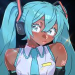  1girl alternate_skin_color aqua_hair bare_shoulders blue_eyes commentary dark-skinned_female dark_skin dreadlocks english_commentary freeform_miku hatsune_miku head_tilt highres l33oh long_hair looking_at_viewer necktie number_tattoo shirt sleeveless sleeveless_shirt solo tattoo twintails very_dark_skin vocaloid 