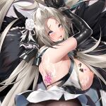  1girl ahegao azur_lane back_tattoo black_gloves black_ribbon blue_eyes body_writing breasts commentary_request cum cum_in_mouth cum_on_back cum_on_body cum_on_breasts cum_on_hair dakimakura_(medium) elbow_gloves flower gloves grey_hair hair_flower hair_ornament hair_ribbon heart heart_tattoo kronshtadt_(azur_lane) long_hair nipple_piercing nipples pantyhose piercing qi_yuan_zhi_yu restrained ribbon rose solo tattoo tongue tongue_out white_flower white_rose 