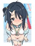  1girl arknights artist_name bare_shoulders belt between_breasts bikini bikini_bottom_pull bird_girl black_eyes black_hair blush breasts buckle censored chinese_commentary clothes_pull commentary_request feather_hair feet_out_of_frame frilled_bikini frills from_above goggles goggles_around_neck hair_bun hair_ornament highres id_card jacket jacket_over_swimsuit jacket_partially_removed la_pluma_(arknights) la_pluma_(summer_flowers)_(arknights) lane_line lanyard looking_at_viewer medium_breasts mons_pubis mosaic_censoring navel off_shoulder official_alternate_costume pool redash short_hair side_up_bun single_side_bun sleeves_past_wrists snap-fit_buckle solo strap_between_breasts swimsuit thigh_belt thigh_strap variant_set white_bikini windbreaker wing_hair_ornament 