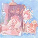  1girl 24-hour_relay animal_charm animal_ear_legwear animal_slippers artist_collaboration basket bathrobe bean_bag_chair bedroom birthday birthday_cake blue_background bow brown_eyes bubble_tea bunny_slippers cake candle carpet chair character_charm character_doll charm_(object) chibi chinese_commentary chinese_text closed_mouth commentary_request cup day disposable_cup doll drink drinking_straw fanfanjiadeayuanjiang fire flower food fruit fur-trimmed_robe fur_trim hair_bow highres holding holding_drink indoors knee_up kneehighs leaf light_blush lingyu_(yuyuyuyuyuyu93729) long_sleeves mengchen_ruyueseli nikki_(nikki) nikki_(series) nikki_up2u2:_world_traveller on_chair orange_bow photo_(object) pink_bow pink_hair pink_robe pink_slippers purple_flower red_flower red_socks robe rug short_hair short_twintails sitting slippers smile socks sparkle strawberry sun tape ticket translation_request twintails two-tone_socks unworn_slippers variant_set waist_bow white_socks 