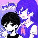  1boy 1girl :3 animalization antenna_hair bare_shoulders black_eyes black_hair black_tank_top bright_pupils brother_and_sister cat closed_mouth collarbone collared_shirt colored_skin commentary_request double-parted_bangs hair_between_eyes highres long_hair looking_at_viewer mari_(headspace)_(omori) mari_(omori) nana_(papapaimon) neckerchief omori omori_(omori) open_mouth person_and_animalization purple_eyes purple_hair purple_sweater_vest red_neckerchief shirt short_hair short_sleeves siblings sweater_vest tank_top white_pupils white_shirt white_skin 