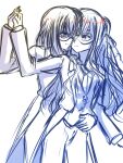  2girls bang_dream! bang_dream!_it's_mygo!!!!! commentary_request dancing hair_ribbon highres holding_hands jacket long_hair long_sleeves medium_hair misumi_uika multiple_girls open_mouth pants ribbon seine_(hanamukes) simple_background sketch togawa_sakiko vest white_background yuri 