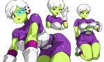  1girl alternate_breast_size_(larger) belt bodysuit breasts cheelai colored_skin commentary dragon_ball dragon_ball_super gloves green_skin hand_up large_breasts looking_at_viewer multiple_views ok_sign open_mouth purple_bodysuit purple_eyes scouter short_hair simple_background smile sweat sweatdrop takundraws tongue tongue_out white_background white_gloves white_hair 