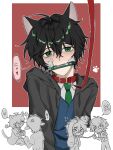  2boys ahoge animal_ears belt_collar black_hair black_jacket blue_sweater boxcutter cat_boy cat_ears chibi chibi_inset collar collared_shirt commentary degrees_of_lewdity green_eyes green_necktie heart highres holding holding_boxcutter hood hood_down hooded_jacket hoodie jacket knife_in_mouth kylar_(degrees_of_lewdity) kylar_(male)_(degrees_of_lewdity) leash looking_at_viewer male_focus messy_hair mouth_hold multiple_boys necktie nekomata pale_skin paw_print player_character_(degrees_of_lewdity) player_character_(male)_(degrees_of_lewdity) red_background red_leash red_pupils school_uniform shirt short_hair simple_background sweater upper_body v-neck viewer_holding_leash white_background white_shirt y_uuny41 