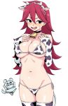  1girl animal_ears animal_print bare_shoulders bell bikini black_eyes blush breast_sucking breasts choker cleavage cow_ears cow_print cow_print_bikini cowbell cowboy_shot detached_sleeves earrings fake_animal_ears fake_horns fang hair_between_eyes hairband horns jewelry kumadano large_breasts long_hair looking_at_viewer mouse_(animal) navel neck_bell open_mouth print_bikini raia-chan red_hair side-tie_bikini_bottom simple_background solo string_bikini stud_earrings sweatdrop swimsuit v-shaped_eyebrows white_background yappari_chinchirando 