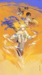  1girl 4others absurdres ambiguous_gender arknights basket_on_back blonde_hair blue_hair chinese_commentary colored_extremities commentary_request dragon_girl dragon_horns dragon_tail earrings eastern_dragon_horns eastern_dragon_tail floating_hair hair_intakes hair_ornament hair_stick harvest highres horns jewelry looking_at_viewer mei_ren multicolored_hair multiple_others outdoors pointy_ears shu_(arknights) solo_focus tail title watermark weibo_watermark wheat wheat_field white_hair yellow_hands 