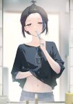  1girl absurdres bangs_pinned_back black_hair black_shirt blue_streaks blurry blurry_background clothes_lift cohi27151463 commentary_request grey_eyes hand_under_clothes hand_under_shirt highres holding holding_toothbrush indie_virtual_youtuber indoors looking_at_mirror looking_at_viewer mirror mole mole_under_eye multicolored_hair navel reflection reflection_focus shirt shirt_lift short_hair short_sleeves solo stomach streaked_hair t-shirt toothbrush toothbrush_in_mouth virtual_youtuber yubari_rei 