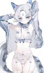 1girl absurdres animal_ear_fluff animal_ears blue_eyes blue_gem bra breasts commentary ear_piercing forehead_jewel frills garter_belt gem grey_hair grey_jacket highres jacket lingerie luciwuzi_(vtuber) navel nihnfinite8 open_clothes open_jacket panties piercing solo spiked_ear_piercing stomach tail thighhighs thighs underwear untranslatable_commentary virtual_youtuber white_background white_bra white_garter_belt white_panties white_thighhighs 