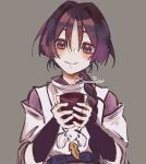  1boy alternate_hair_length_(longer) alternate_hairstyle armor black_sash blunt_ends blush braid braid_over_shoulder brown_background choppy_bangs closed_mouth clothing_cutout cup eyeliner feathers genshin_impact hair_over_shoulder highres holding holding_cup japanese_armor japanese_clothes kariginu kimono kote kurokote layered_sleeves long_hair looking_at_viewer low-braided_long_hair low-tied_long_hair makeup male_focus pom_pom_(clothes) portrait purple_eyes purple_kimono purple_sleeves red_eyeliner sash sauucepacket scaramouche_(genshin_impact) scaramouche_(kabukimono)_(genshin_impact) shoulder_cutout smile solo string twitter_username white_sleeves yellow_feathers 