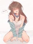  1girl absurdres ahoge animal_collar bare_legs belt_collar bite_mark blue_collar blue_jacket blush brown_hair camisole character_name collar commentary full_body hair_between_eyes head_tilt heart hickey highres jacket long_hair long_sidelocks looking_at_viewer off_shoulder open_clothes open_jacket open_mouth pet_play piapie06 purple_eyes sendai_hazuki shadow shoulder_blush shuuniichido_classmate_wo_kau_hanashi sidelocks signature simple_background sitting solo spaghetti_strap speech_bubble teeth thighs untranslatable_commentary upper_teeth_only white_background white_camisole 