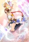  1boy 1girl armband armor bare_shoulders black_boots black_shorts blonde_hair blue_eyes blue_skirt boots braid breasts brown_hair commentary cropped_jacket detached_hood english_commentary final_fantasy final_fantasy_x final_fantasy_x-2 floating full_body gloves half-skirt hand_on_another's_neck hetero highres hood hood_down jacket jewelry kneeling long_hair medium_breasts necklace noctglaiveart orb pink_hood plunging_neckline pyrefly shirt short_hair short_shorts shorts shoulder_armor single_braid skirt tidus white_shirt wristband yellow_armband yellow_jacket yuna_(ff10) 