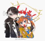  ... 1boy 1girl :d ace_attorney athena_cykes black_eyes black_gloves black_hair black_jacket black_necktie blue_bow blue_eyes blue_hairband blue_necktie blush_stickers bow bow_hairband closed_mouth commentary_request cropped_torso crossed_arms english_text gloves grey_hair hair_bow hairband jacket jewelry looking_at_viewer looking_to_the_side multicolored_hair necklace necktie open_clothes open_jacket open_mouth orange_hair partially_fingerless_gloves ponytail pupupuputesu side_ponytail simon_blackquill single_glove smile speech_bubble spoken_ellipsis translation_request two-tone_hair upper_body white_background yellow_jacket 