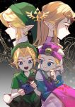  2boys 2girls black_boots blonde_hair blue_eyes boots champion's_tunic_(zelda) circlet closed_mouth commentary_request dress earrings feet_out_of_frame green_hat green_tunic hand_to_own_mouth hat headdress highres holding_ocarina instrument jewelry leaftin link long_hair looking_at_another lyre master_sword multiple_boys multiple_girls ocarina open_mouth parted_bangs phrygian_cap pink_dress pointy_ears princess_zelda short_hair sitting smile the_legend_of_zelda the_legend_of_zelda:_ocarina_of_time triforce tunic upper_body young_link young_zelda 