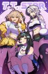  3girls ahoge anis_(nikke) anis_(star)_(t.t._star)_(nikke) aqua_headband black_hair black_sports_bra black_thighhighs blue_eyes blue_headband blush bracelet breasts brown_hair cat_ear-shaped_hair cat_necklace cat_ornament cheek_tattoo cleavage cleavage_cutout clothing_cutout commentary covered_underboob crop_top cropped_shirt english_commentary facial_mark fish_hair_ornament fishnet_pantyhose fishnets gloves goddess_of_victory:_nikke green_shorts grey_hair hair_intakes hair_ornament hairband headband headset highres idol jacket jewelry large_breasts long_hair looking_at_viewer midriff mint_(nikke) multiple_bracelets multiple_girls navel necktie official_alternate_costume open_mouth owloo_art pantyhose plaid_clothes plaid_necktie prika_(nikke) shirt short_hair shorts single_thighhigh skirt smile socks sports_bra squatting star-shaped_pupils star_(symbol) star_facial_mark symbol-shaped_pupils t.t._star_(nikke) tattoo thighhighs torn_clothes torn_thighhighs white_headband white_shirt white_socks yellow_jacket yellow_necktie yellow_skirt 