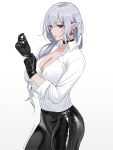  1girl absurdres adjusting_clothes adjusting_gloves arknights black_choker black_gloves black_pants breasts choker cleavage collared_shirt commission cowboy_shot earrings eyeshadow floating_hair from_side gladiia_(arknights) gloves grey_hair hair_over_shoulder highres jewelry large_breasts leather leather_pants long_hair long_sleeves looking_at_viewer makeup pants parted_lips partially_unbuttoned patreon_logo patreon_username pointy_ears red_eyes red_eyeshadow shiny_clothes shirt shirt_tucked_in simple_background sleeves_rolled_up solo standing tight_clothes tight_pants white_background white_shirt zefrableu 