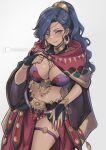  1girl absurdres bandeau blue_eyes blue_hair blush breasts chascoby circlet cleavage cloak commentary crescent crescent_earrings dancer dark-skinned_female dark_skin earrings english_commentary fire_emblem fire_emblem:_fortune's_weave gold_choker gold_earrings green_eyes grey_background grin hand_on_own_chest hand_up harem_outfit high_ponytail highres hood hooded_cloak hooded_poncho jewelry large_breasts leda_(fire_emblem) long_hair looking_at_viewer midriff navel parted_lips ponytail purple_bandeau red_cloak red_poncho simple_background skindentation skirt smile solo stomach thigh_strap thighs wavy_hair 