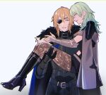  1boy 1girl armor black_armor black_fur black_shorts blonde_hair blue_cape blue_eyes boots breasts brown_pantyhose cape carrying couple dimitri_alexandre_blaiddyd dimitri_alexandre_blaiddyd_(timeskip) eyepatch female_byleth_(awakened)_(fire_emblem) female_byleth_(fire_emblem) fire_emblem fire_emblem:_three_houses fur_trim gauntlets green_eyes green_hair grin hair_between_eyes hetero knee_boots lace lace_pantyhose medium_breasts medium_hair official_alternate_eye_color official_alternate_hair_color one_eye_covered pantyhose pantyhose_under_shorts princess_carry sb_(sbixinsky) shorts simple_background smile white_background white_fur 