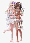  2girls bare_shoulders barefoot bikini blonde_hair blush bow bracelet breasts brown-tinted_eyewear brown_eyes brown_hair cleavage closed_mouth clothes_around_waist commentary_request dark-skinned_female dark_skin dazzling_pearl_(nikke) eyepatch_bikini eyewear_on_head full_body goddess_of_victory:_nikke hair_bow hair_over_one_eye highres huge_breasts jewelry large_breasts long_hair multiple_girls naga_(nikke) naga_(ring_ensemble)_(nikke) navel necklace o-ring o-ring_bikini official_alternate_costume purple-tinted_eyewear sarong shupita smile standing standing_on_one_leg sunglasses swimsuit tia_(nikke) tia_(sea_lizzie)_(nikke) tinted_eyewear tongue tongue_out white_bikini white_bow white_sarong 