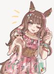  1girl animal_ears bag bare_shoulders bead_bracelet beads blush bracelet breasts brown_hair collarbone commentary corset dress finger_heart gyaru_v hair_down heart highres horse_ears horse_girl horse_tail jewelry long_hair looking_at_viewer multicolored_nails multiple_bracelets necklace off-shoulder_dress off_shoulder official_alternate_costume official_alternate_hairstyle one_eye_closed pink_dress simple_background smile solo songdu tail tongue tongue_out tosen_jordan_(aurore_vacances)_(umamusume) tosen_jordan_(umamusume) transparent_bag umamusume untranslatable_commentary v 