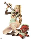  1girl absurdres club_(weapon) commentary_request high_side_ponytail highres looking_at_viewer luciana_de_montefio maid pig ryugo_(ryudenshi_ringa) side_ponytail sitting solo weapon zenless_zone_zero 
