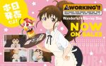  1girl ahoge anime_coloring anime_screenshot_inset apron black_bow black_bowtie black_skirt blush bow bowtie breasts brown_eyes brown_hair character_name closed_mouth collared_shirt commentary_request company_name copyright_logo copyright_name cowboy_shot cup dessert dot_nose drinking_glass food from_above from_side fruit hand_on_own_hip hand_up holding holding_tray logo long_hair looking_at_viewer looking_to_the_side looking_up medium_breasts miniskirt official_art parfait parfait_glass pink_background ponytail screenshot_inset shirt short_sleeves skirt smile solo speech_bubble spoon star_(sky) strawberry taneshima_popura tareme tray wagnaria_uniform waitress whipped_cream white_shirt working!! yellow_apron 
