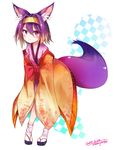  absurdres animal_ear_fluff animal_ears artist_name blush collarbone dated fox_ears fox_tail full_body hairband hatsuse_izuna highres japanese_clothes kimono looking_at_viewer no_game_no_life otokuyou purple_eyes purple_hair sandals short_hair signature slit_pupils socks solo tail 