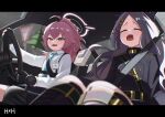  2girls absurdres artist_name blue_archive blue_eyes breasts car car_interior commentary_request driving gear_shift halo heterochromia highres hina_(blue_archive) hoshino_(blue_archive) long_hair motor_vehicle multiple_girls niokai open_mouth pink_hair school_uniform seatbelt sitting small_breasts steering_wheel white_hair yawning 