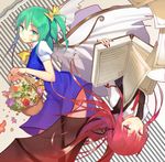  absurdres ascot basket bat_wings blue_dress blush book daiyousei dress fairy_wings flower greek green_eyes green_hair gukuli head_wings highres koakuma long_hair long_sleeves looking_at_viewer multiple_girls necktie open_book puffy_sleeves ranguage red_eyes red_hair rotational_symmetry shirt short_sleeves side_ponytail smile striped striped_background text_focus touhou upside-down vest wings 