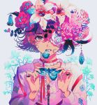  1girl absurdres akiakane blood_on_flower blue_butterfly bug butterfly chrysalis_(butterfly) chrysanthemum cocoon collar colorful dangle_headwear floral_print flower flower_over_eye frilled_collar frilled_shirt frills gradient_eyes green_flower hair_between_eyes hair_flower hair_ornament head_wreath highres jewelry leaf lily_(flower) long_sleeves looking_at_viewer multicolored_eyes multiple_rings neon_palette open_mouth original peony_(flower) pink_eyes pink_flower pink_hair pink_shirt print_shirt red_collar red_flower red_rose ring rose saturated shirt short_hair solo torn_wings upper_body water_drop white_background white_flower white_lily white_rose wing_in_mouth wings zipper 