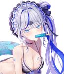  1girl absurdres ahoge aokumo_rin arched_back belt_collar bikini black_bikini black_collar blue_streaks breasts cloud_hair_ornament collar commentary_request earrings eruthu fellatio food food_in_mouth food_on_body food_on_breasts frilled_bikini frills grey_hair hair_intakes hair_ornament highres innertube jewelry korean_commentary large_breasts long_hair melting_popsicle multicolored_hair oral parted_bangs popsicle popsicle_in_mouth shiny_skin side_ponytail simple_background simulated_fellatio solo stellive streaked_hair string_bikini swim_ring swimsuit teardrop_earrings wet wet_hair white_background white_headdress 