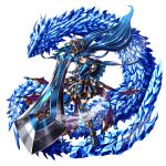  1girl armor armored_skirt artist_request blue_armor blue_eyes blue_hair blue_thighhighs breastplate corsair_(grand_summoners) crotch_plate cuirass dragon fighting_stance full_body game_asset gold_trim grand_summoners greatsword greaves hand_to_blade holding holding_sword holding_weapon huge_weapon ice ice_dragon knee_guards official_art parted_lips pauldrons sabaton shoulder_armor simple_background solo sword thighhighs third-party_source tiara transparent_background weapon 