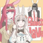  1boy 2girls animal_ears arknights black_bow black_bowtie black_neckerchief black_shirt black_shorts blue_ribbon blush border bow bowtie brown_hair brown_jacket brown_vest commentary_request doctor_(arknights) dress english_text flower hair_flower hair_ornament headlamp helmet highres hood hood_up jacket long_hair maid_headdress male_doctor_(arknights) male_playboy_bunny multiple_girls neckerchief necktie open_clothes open_jacket outside_border parted_lips purple_eyes rabbit_ears rabbit_girl ray_(arknights) red_necktie ribbon scarf shirt shorts sidelocks smile tanakarashii v vest visor_cap warmy_(arknights) white_background white_dress white_scarf yellow_border yellow_eyes 