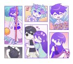  2girls 4boys antenna_hair aubrey_(headspace)_(omori) aubrey_(omori) baking_sheet barefoot basil_(headspace)_(omori) basil_(omori) black_eyes black_hair black_tank_top blue_overalls blue_shirt blush blush_stickers brother_and_sister brothers camera checkered_clothes chocolate_chip_cookie closed_eyes closed_mouth collared_pajamas collared_shirt colored_skin commentary_request cookie double-parted_bangs expressionless flower flower_wreath food green_eyes green_hair grin hair_behind_ear hair_between_eyes head_wreath hero_(headspace)_(omori) hero_(omori) highres holding holding_camera holding_light_bulb holding_tray hug hug_from_side kel_(headspace)_(omori) kel_(omori) korean_commentary light_bulb long_hair long_shirt looking_at_viewer mari_(headspace)_(omori) mari_(omori) multiple_boys multiple_girls neckerchief omori omori_(omori) one_eye_closed open_mouth oven_mitts overalls pajamas picnic_basket pleated_skirt purple_eyes purple_hair purple_shorts purple_sweater_vest pyoppyop_omori red_neckerchief red_skirt shirt short_hair short_sleeves shorts siblings sidelocks single_blush_sticker skirt smile striped_clothes striped_pajamas striped_shorts sweater_vest tank_top teeth tray vertical-striped_clothes vertical-striped_pajamas vertical-striped_shorts white_shirt white_shorts white_skin 