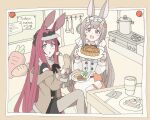  2girls animal_ears arknights black_bow black_bowtie black_neckerchief black_shirt black_shorts blue_ribbon blush border bow bowtie brown_border brown_eyes brown_hair brown_jacket brown_vest cake carrot carrot_cake commentary_request cooking_pot cup dress english_text flower food fork hair_flower hair_ornament headlamp highres holding holding_fork holding_plate jacket long_hair maid_headdress multiple_girls neckerchief open_clothes open_jacket outside_border pie plate purple_eyes rabbit_ears rabbit_girl ray_(arknights) ribbon scarf shirt shorts sidelocks sitting smile stove tanakarashii v vest visor_cap warmy_(arknights) white_background white_dress white_scarf 