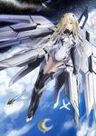  aircraft airplane blonde_hair blue_eyes boots cloud covered_navel date_a_live ellen_mira_mathers floating flying full_body galaxy gloves highleg highleg_leotard iron_man island leotard light_smile long_hair marvel mecha_musume ocean power_armor satellite skin_tight space sturmjager thigh_boots thigh_gap thighhighs 