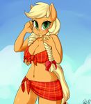  2015 anthro anthrofied applejack_(mlp) blonde_hair blush braided cleavage clothed clothing earth_pony equine female freckles friendship_is_magic green_eyes hair horse long_hair looking_at_viewer mammal my_little_pony navel outside pony skecchiart smile solo 