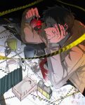  1girl 4boys absurdres adachi_tooru bed caution_tape commentary cup disgust doujima_nanako doujima_ryoutarou gun hand_on_own_face highres holding holding_cup hospital_bed hospital_gown leaning_on_self looking_at_another male_focus mug multiple_boys narukami_yu nayam88646020 necktie persona persona_4 raincoat red_necktie short_hair solo_focus untranslatable_commentary weapon wheelchair yellow_raincoat 