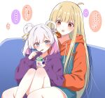  2girls absurdres aged_down ahoge baskin-robbins blue_eyes blue_overalls brown_eyes commentary_request food hair_ornament hair_rings hair_stick highres hood hood_down hoodie huleito ice_cream kaguya_(cho_kaguya-hime!) long_hair multiple_girls open_mouth orange_hoodie overalls pink_hair purple_hoodie runami_yachiyo runami_yachiyo_(chibi) runami_yachiyo_(tsukuyomi) sitting sitting_on_lap sitting_on_person teeth time_paradox translation_request twintails upper_teeth_only white_hair 